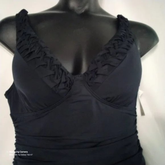 Jantzen Modest Ruched Slimming 1 Pc V-Neck Padded Bust Black Swimsuit NWT 16 - Picture 7 of 12